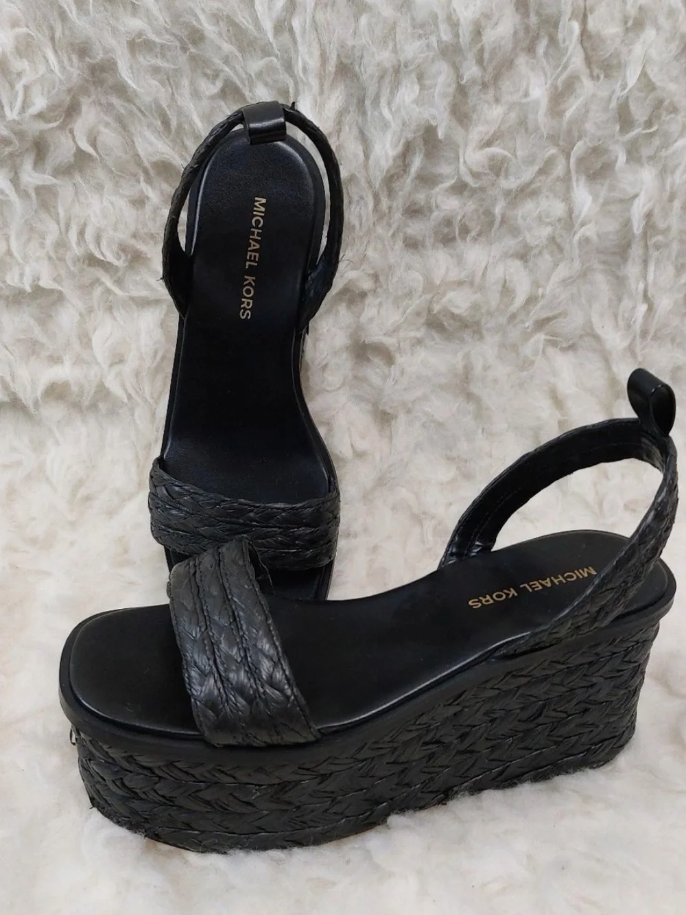 Michael Kors Black Braided Platform Wedge Sandals